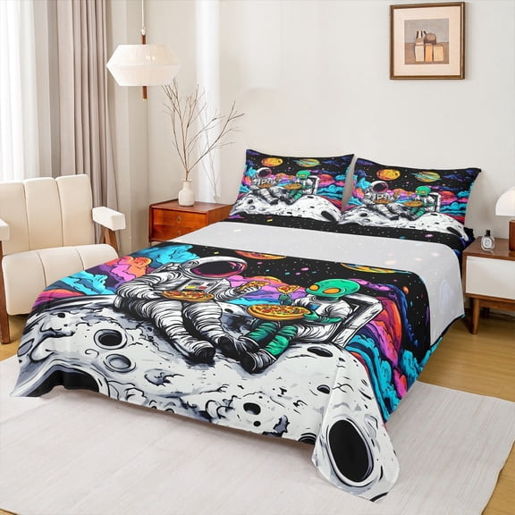 jejeloiu Colorful Astronaut Theme Bed Sheets,Hippie Alien King Sheets,Cartoon Astronau Sheet Set For Boys Kids,Breathable Home Decor,4pcs