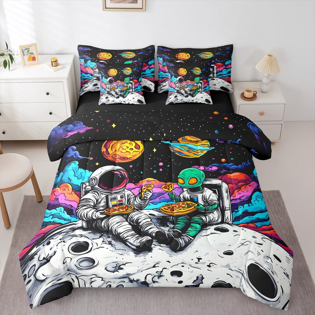 jejeloiu Colorful Astronaut Theme Bedding Comforter Set 7-Piece,Hippie ...