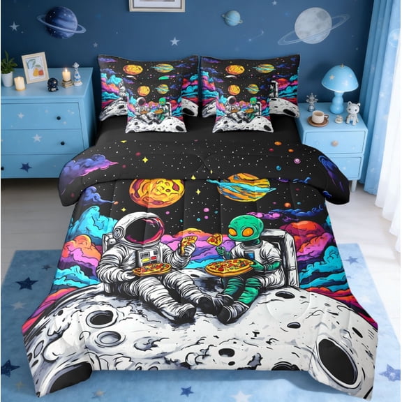 jejeloiu Colorful Astronaut Theme Bedding Comforter Set 7 Pieces,Hippie Alien Full Bedding Set,Cartoon Astronau Fitted Sheet Flat Sheet For Boys Kids,Breathable Home Decor Reversible