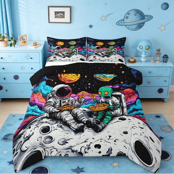 jejeloiu Colorful Astronaut Theme Queen Comforter Set,Hippie Alien Bedding Sets,Cartoon Astronau Bedding Comforter Set For Boys Kids,Breathable Home Decor Reversible,3 Pieces
