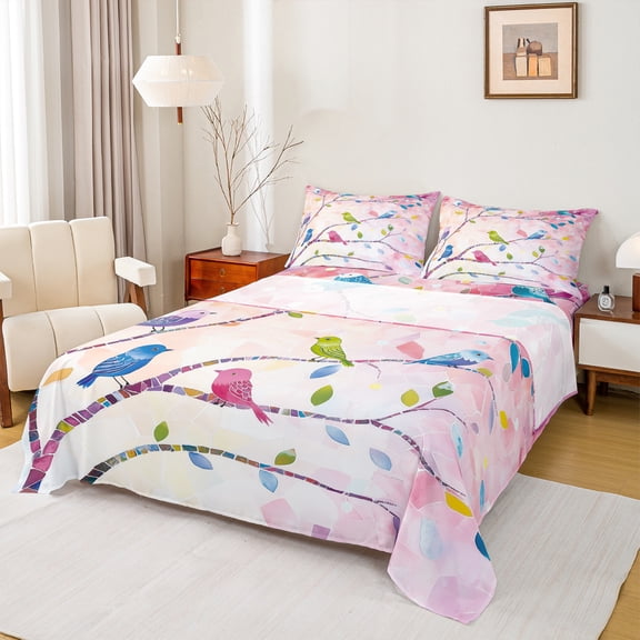 jejeloiu Colorful Bird Hummingbird Queen Sheet Sets,Rainbow Branch Flat Sheet,Modern Aesthetic Deagin Queen Fitted Sheet For Girl Teens,Breathable Home Decor,4 Pieces