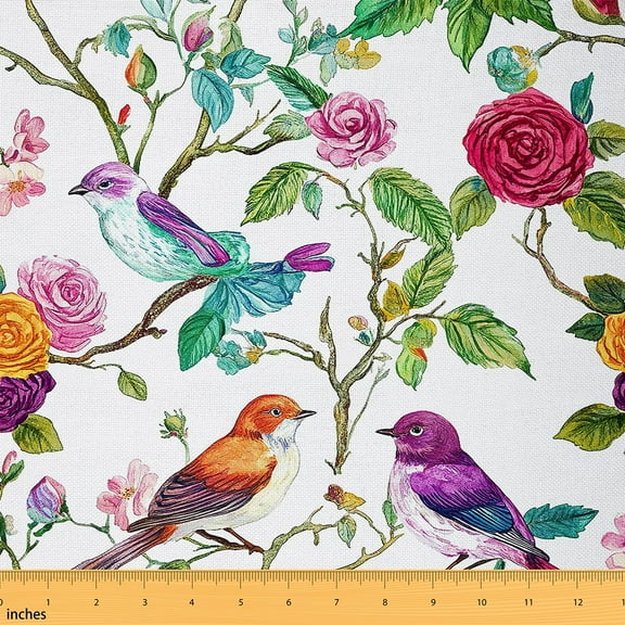 jejeloiu Colorful Birds Fabric by the Yard 3 Yards,Rustic Flower Floral Sewing Fabric,Multicolor Country Plant Fabric for Sewing For Teens,Super Cozy Room Decor