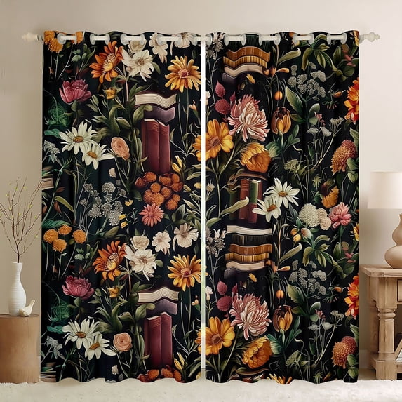 jejeloiu Colorful Botanical Flower Black Out Curtains,Kids Vintage Books Curtains Pack of 2 (42x63 Each) For Kids