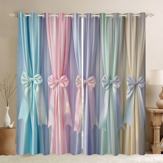 jejeloiu Colorful Bowknot Pattern Curtains Pack of 2 (42x84 Each),Multicolor Ribbon Bowtie Curtains Blackout For Kids
