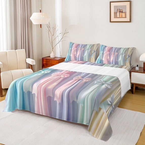 jejeloiu Colorful Bowknot Pattern Queen Sheet Sets,Multicolor Ribbon Bowtie Bed Set For Kids 4pcs