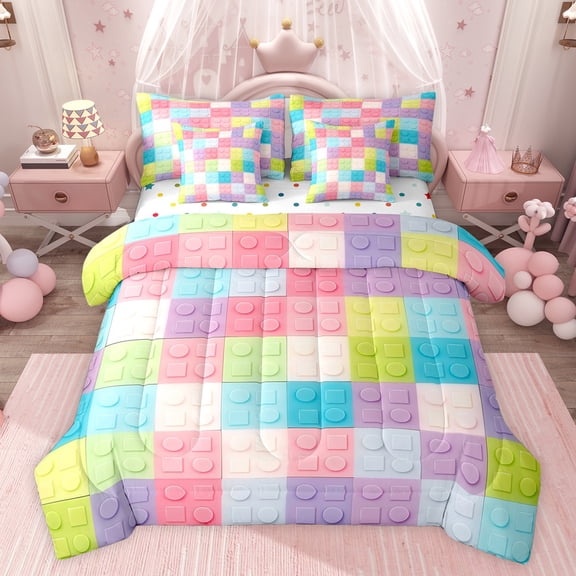 jejeloiu Colorful Building Blocks 7 Pieces Bedding Comforter Set,Abstract Geometric Plaid Full Bedding Set,Rainbow Checkered Fitted Sheet Flat Sheet For Girls Boy,Breathable Home Decor Reversible