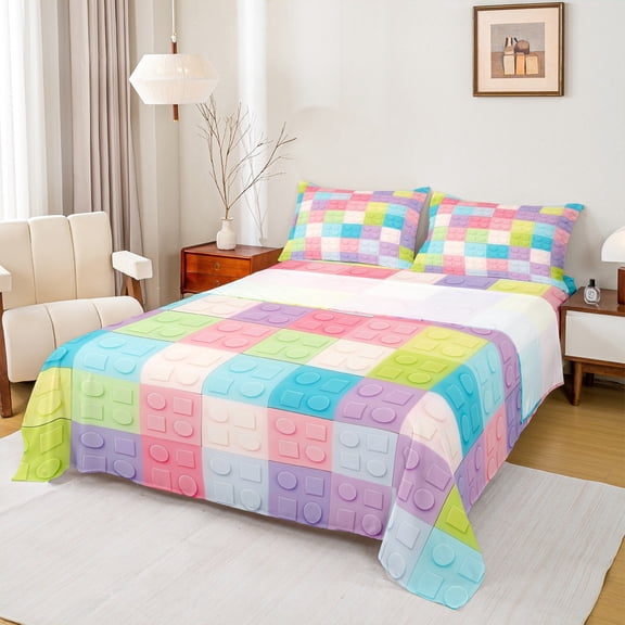 jejeloiu Colorful Building Blocks Queen Sheet Set (4-Piece) Rainbow Checkered Geometric Decor For Girls Boys