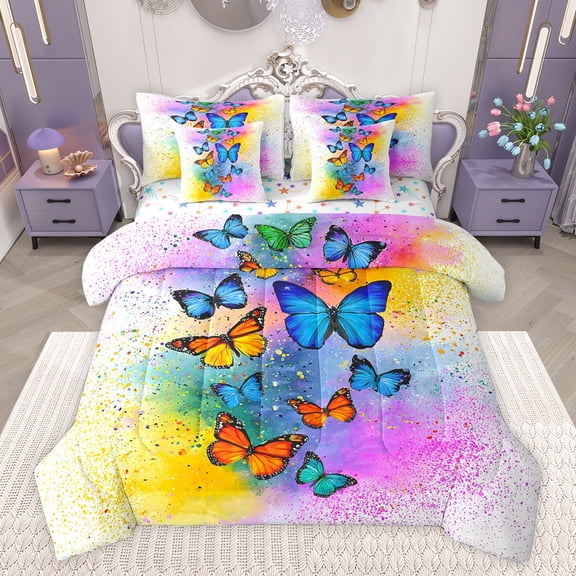 jejeloiu Colorful Butterflies 7-Piece Twin Bedding Sets,Wild Flying Animal Bedding Comforter Set,Watercolor Splashing Ink Sheet Sets For Girls Kids,Super Cozy Room Decor Reversible