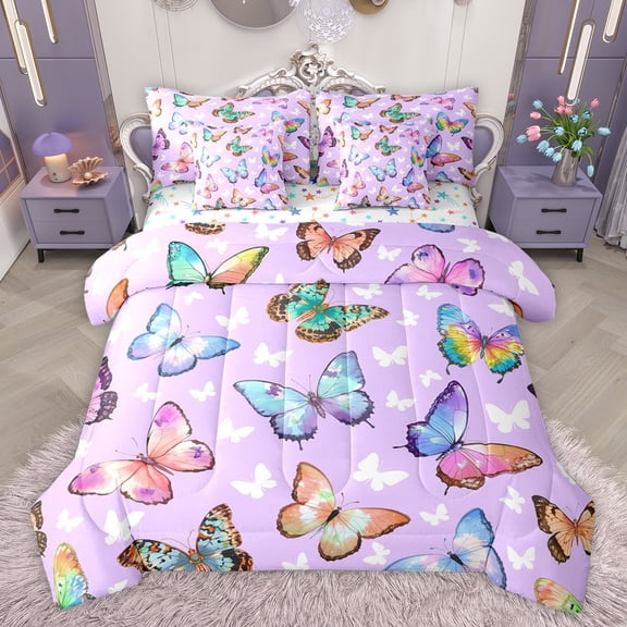 jejeloiu Colorful Butterfly 7-Piece Bedding Comforter Set,Watercolor Wild Butterflies King Bedding Sets,Flying Animal Bed Sheets For Teens,Luxury Bedroom Decor Reversible