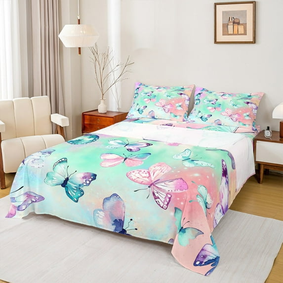 jejeloiu Colorful Butterfly Bed Sheets,Splashing Ink King Sheets,Green Orange Ombre Sheet Set,Breathable Home Decor,4-Piece