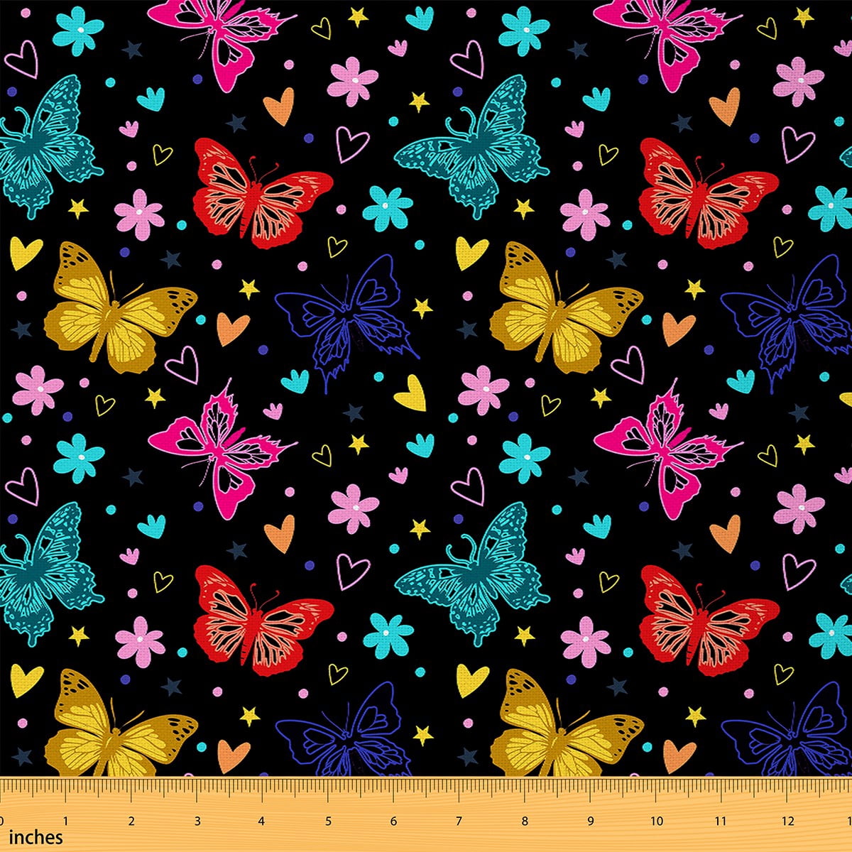 jejeloiu Colorful Butterfly Fabric by the Yard 3 Yards,Rainbow Flower Hearts Sewing Fabric,Red Blue Black Fabric for Sewing For Girl,Luxury Bedroom Decor