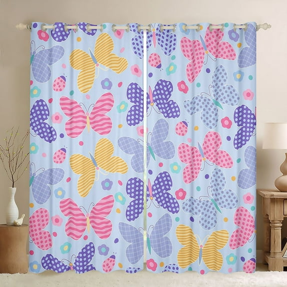 jejeloiu Colorful Butterfly Print Blackout Curtains Set of 2 (52x84 Each),Cartoon Butterflies Window Curtains,Multicolor Floral Dots Curtains and Drapes For Girl,Microfiber Bedroom Decor