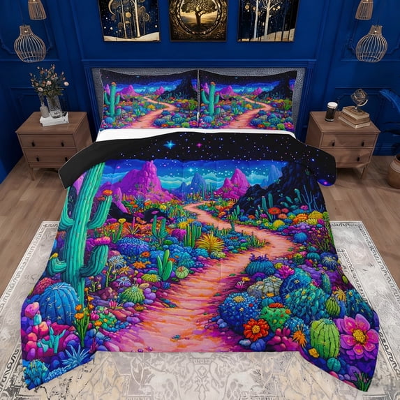 jejeloiu Colorful Cactus Flowers Bedding Comforter Set,Tropical Desert Plant Twin Comforter Sets,Watercolor Natural Scenery Bedding Set For Girls Kids,Microfiber Bedroom Decor Reversible,2-Piece