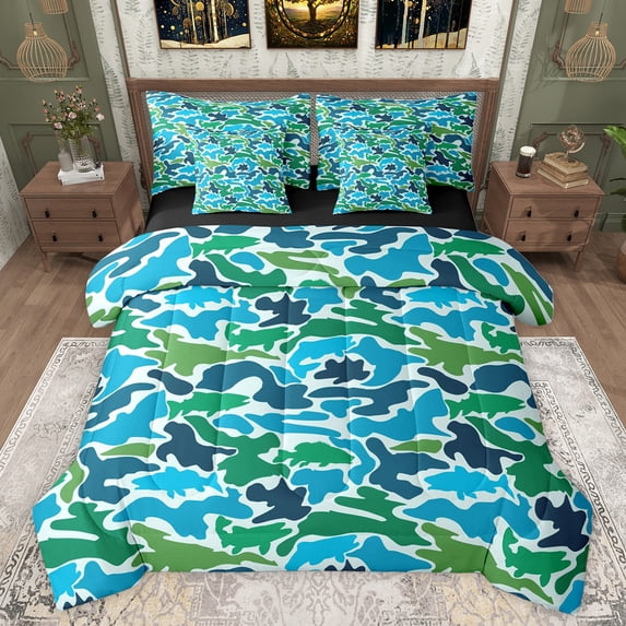 jejeloiu Colorful Camo Camouflage 7pcs Bedding Comforter Set,Rustic Farmhouse Hunting Queen Bedding Sets,Green Blue Queen Sheet Sets For Adults,Super Cozy Room Decor Reversible