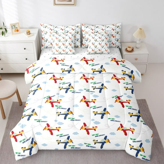 jejeloiu Colorful Cartoon Airplane Bedding Comforter Set 7pcs,Flying Tool Vehicle Queen Bedding Sets,boys aircraft toys Queen Sheet Sets For Children,Super Cozy Room Decor Reversible