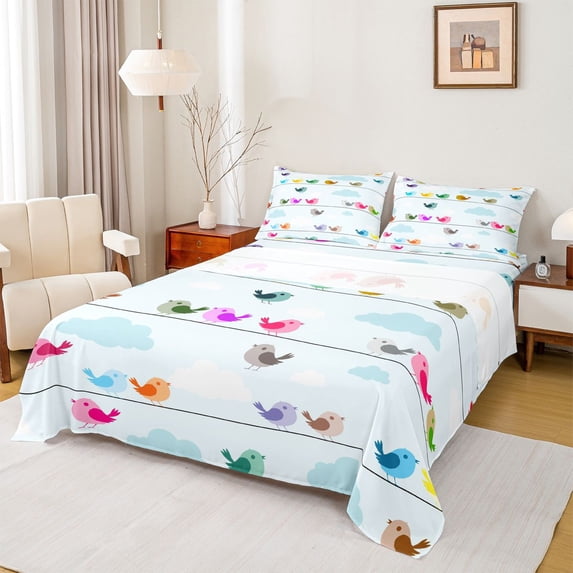 jejeloiu Colorful Cartoon Birds Full Size Sheets,Kawaii Flying Animals Bed Sheets For Boys Girls 4 Pieces