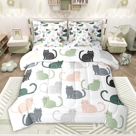 jejeloiu Colorful Cartoon Cat 7-Piece Twin Bedding Sets,Kawaii Animals Lover Bedding Comforter Set For Girls Women Reversible