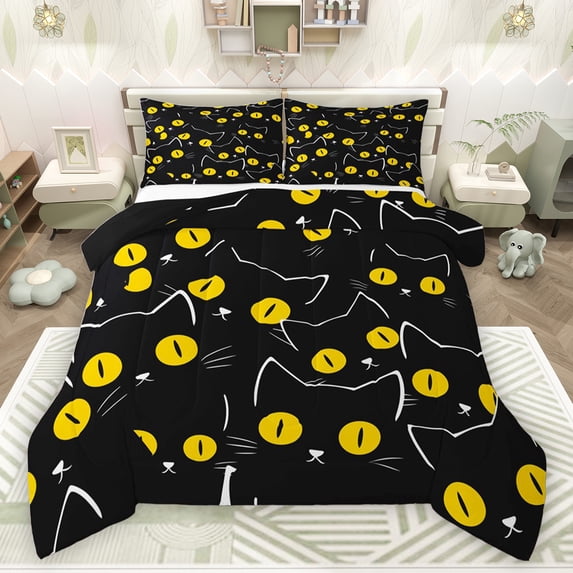 jejeloiu Colorful Cartoon Cat Full Size Comforter Sets,Kawaii Kitten Animal Bedding Comforter Set,Black Pet Animals Bedding Sets For Girl Boys,Ultra Soft Home Decor Reversible,3pcs
