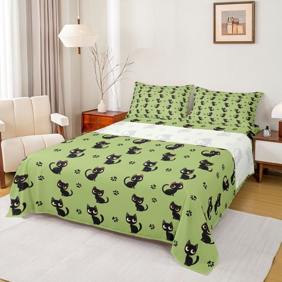 jejeloiu Colorful Cartoon Cat Queen Sheet Sets,Kawaii Kitten Animal Flat Sheet,Green Black Queen Fitted Sheet For Girl Boys,Ultra Soft Home Decor,4 Pieces