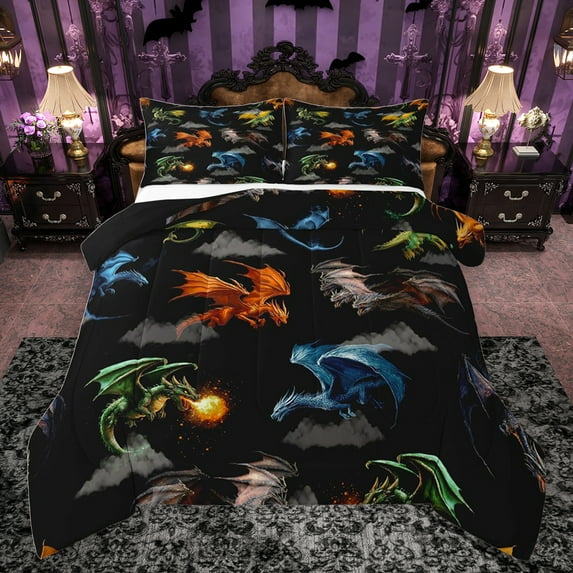 jejeloiu Colorful Cartoon Dragon Full Size Comforter Sets,Magic Animal Bedding Comforter Set,Western Fantasy Theme Bedding Sets For Boys,Breathable Home Decor Reversible,3-Piece