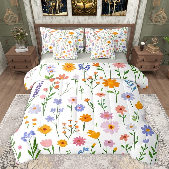jejeloiu Colorful Cartoon Flower 7-Piece Bedding Comforter Set,Kawaii Floral Blossom King Bedding Sets,Cute Daisy Tulip Lavender Bed Sheets For Girls Kids,Super Cozy Room Decor Reversible