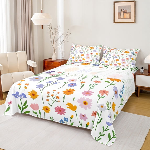 jejeloiu Colorful Cartoon Flower Queen Sheet Sets,Kawaii Floral Blossom Flat Sheet,Cute Daisy Tulip Lavender Queen Fitted Sheet For Girls Kids,Super Cozy Room Decor,4pcs