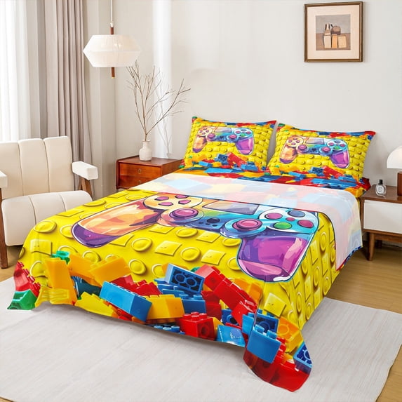 jejeloiu Colorful Cartoon Gamepad Queen Sheet Sets,Graffiti Games Console Flat Sheet,Colorful Building Blocks Queen Fitted Sheet For Boys Kids,Ultra Soft Home Decor,4 Pieces