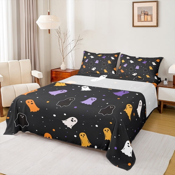 jejeloiu Colorful Cartoon Ghost Twin Sheet Sets,Multicolor Circle Dot Twin Fitted Sheet,Halloween Theme Flat Sheet For Girls Child,Microfiber Bedroom Decor,3-Piece
