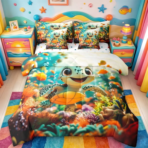jejeloiu Colorful Cartoon Turtle 7-Piece Twin Bedding,Underwater Coral Print Bedding Comforter Set For Boys,Orange Multicolor,Polkadot Reversible