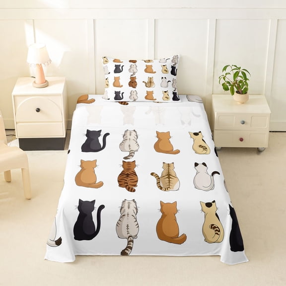 jejeloiu Colorful Cat Pattern Twin Sheet Sets Kids,Cute Animal Kitten Print Bedding,3pcs