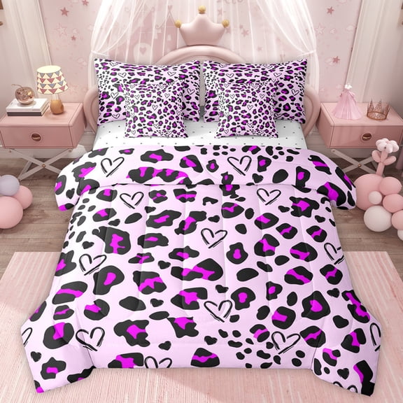 jejeloiu Colorful Cheetah Pattern 7-Piece Bedding Comforter Set,Graffiti Loves King Bedding Sets,Black Purple Bed Sheets For Girl Teens,Breathable Home Decor Reversible
