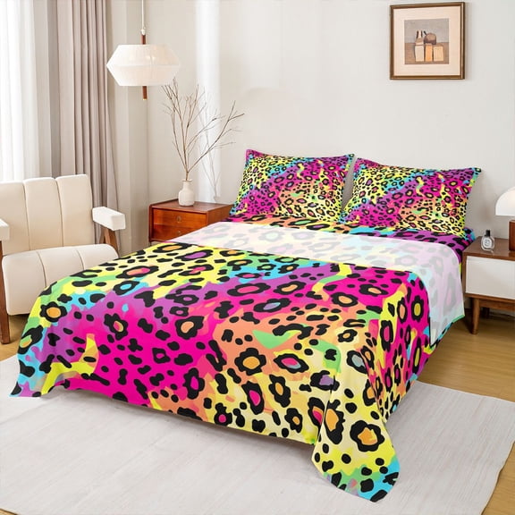 jejeloiu Colorful Cheetah Pattern Full Size Sheets,Watercolor Splatter Ink Bed Sheets,Yellow Pink Ombre Sheet Sets For Girl Teens,Breathable Home Decor,4-Piece