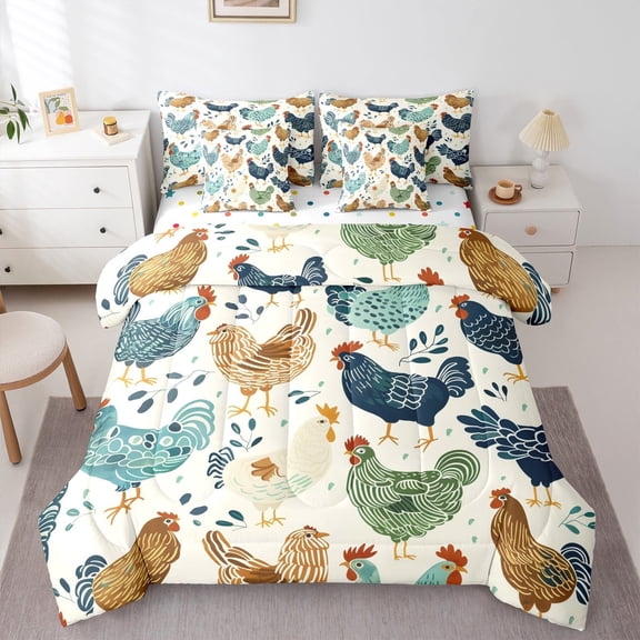 jejeloiu Colorful Chicken Bedding Comforter Set 7-Piece,Boho Print King Bedding Sets,Retro Farm Lodge Bed Sheets,Super Cozy Room Decor Reversible