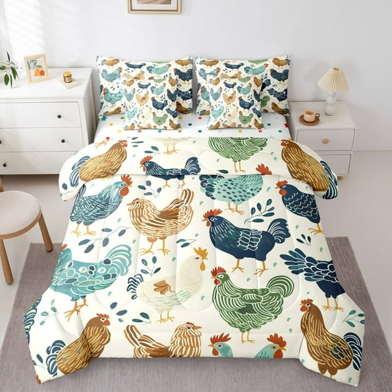 jejeloiu Colorful Chicken Bedding Comforter Set 7pcs,Boho Print Queen Bedding Sets,Retro Farm Lodge Queen Sheet Sets,Super Cozy Room Decor Reversible