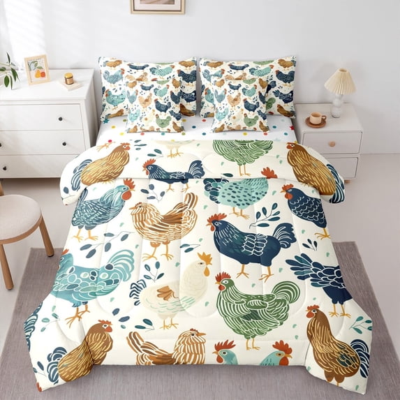 jejeloiu Colorful Chicken Bedding Comforter Set 7pcs,Boho Print Queen Bedding Sets,Retro Farm Lodge Queen Sheet Sets,Super Cozy Room Decor Reversible