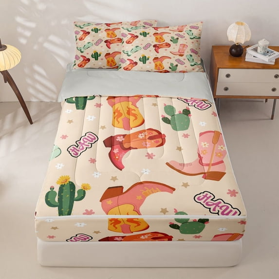 jejeloiu Colorful Cowboy Boot Zipper Full Size Comforter Sets with Fitted Sheet and 2 Pillowcases Kids,Western Cowgirls Zipper Bedding Set,Reversible,4-Piece