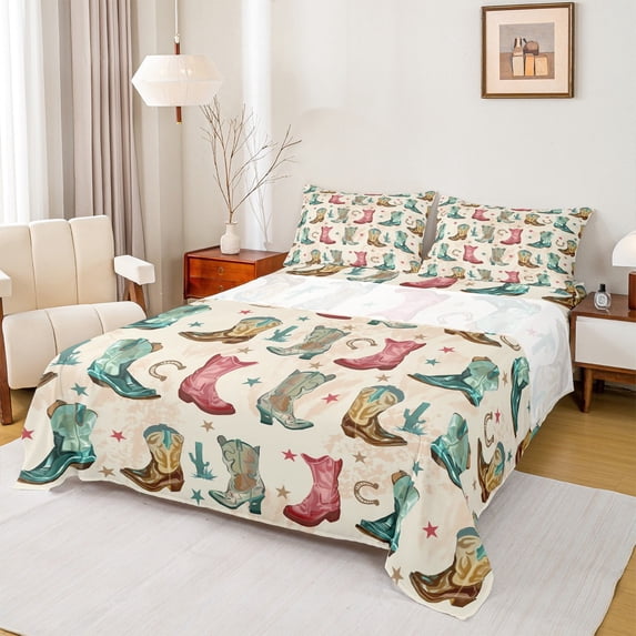 jejeloiu Colorful Cowgirl Boots Bed Sheets,Rustic Horseshoe King Sheets,Multicolor Stars Print Sheet Set For Girls Boys,Breathable Home Decor,4 Pieces