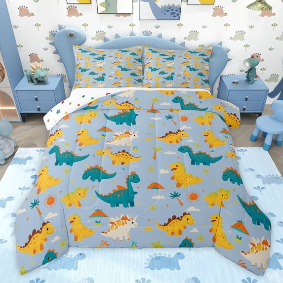 jejeloiu Colorful Cute Dinosaur Full Size Comforter Sets,Wild Animal Bedding Sets For Boys Kids Reversible 3 Pieces