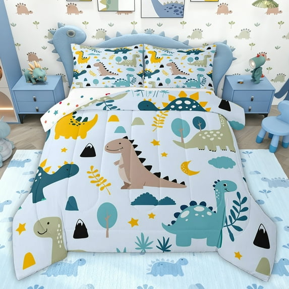 jejeloiu Colorful Cute Dinosaur Queen Comforter Set,Safari Animals Bedding Comforter Set For Boys Kids Reversible 3-Piece