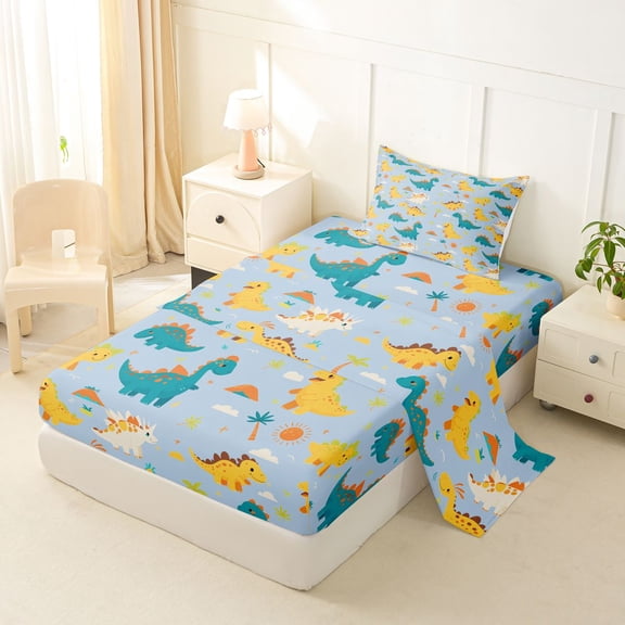 jejeloiu Colorful Cute Dinosaur Twin Sheet Sets,Wild Animal Bedding For Boys Kids 3-Piece