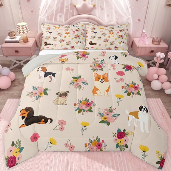 jejeloiu Colorful Cute Floral Queen Comforter Set,Kawaii Dachshund Bedding Comforter Set For Girls Teens Reversible 3pcs