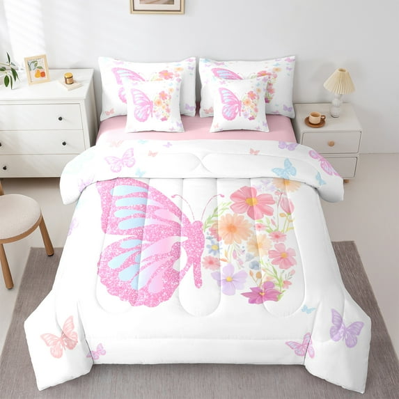 jejeloiu Colorful Cute Flower 7-Piece Bedding Comforter Set,Chic Butterfly King Bedding Sets,Pink White Purple Bed Sheets For Girls,Breathable Home Decor Reversible