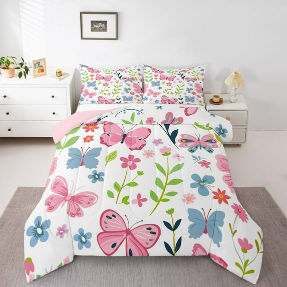 jejeloiu Colorful Cute Flower King Size Comforter Sets,Chic Kawaii Butterfly Bedding Comforter Set,Plant Floral Leaves Bedding Set For Girls Kids,Microfiber Room Decoration Reversible,3 Pieces