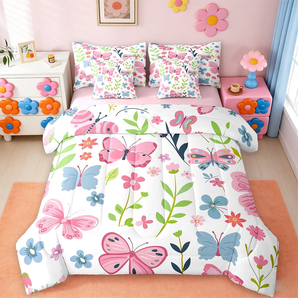 jejeloiu Colorful Cute Flower Twin Bedding Sets 7-Piece,Chic Kawaii Butterfly Bedding Comforter Set,Plant Floral Leaves Sheet Sets For Girls Kids,Microfiber Room Decoration Reversible