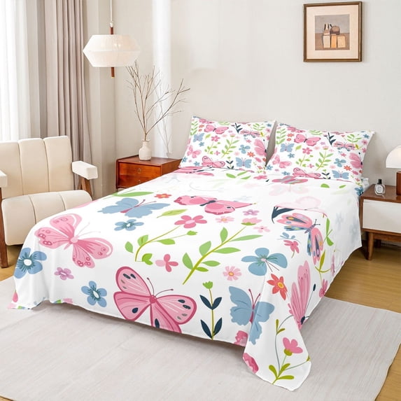 jejeloiu Colorful Cute Flower Twin Sheet Sets,Chic Kawaii Butterfly Twin Fitted Sheet,Plant Floral Leaves Flat Sheet For Girls Kids,Microfiber Room Decoration,3 Pieces