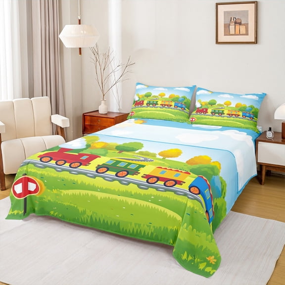 jejeloiu Colorful Cute Train Full Size Sheets,Cartoon Steam Truck Bed Sheets,Green Yellow Kawaii Tree Sheet Sets For Girls Boys,Ultra Soft Home Decor,4-Piece
