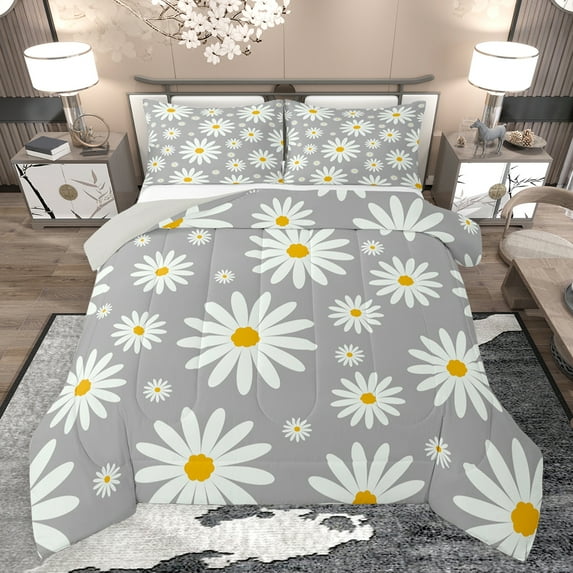jejeloiu Colorful Daisy Blossom Full Size Comforter Sets,Kawaii Cute Flowers Bedding Comforter Set,Gray White Bedding Sets For Kids,Microfiber Bedroom Decor Reversible,3pcs