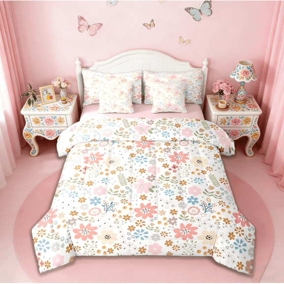 jejeloiu Colorful Daisy Flower Twin Bedding Sets 7-Piece,Vintage Floral Bedding Comforter Set,Pink White Blue Sheet Sets For Girls,Ultra Soft Home Decor Reversible