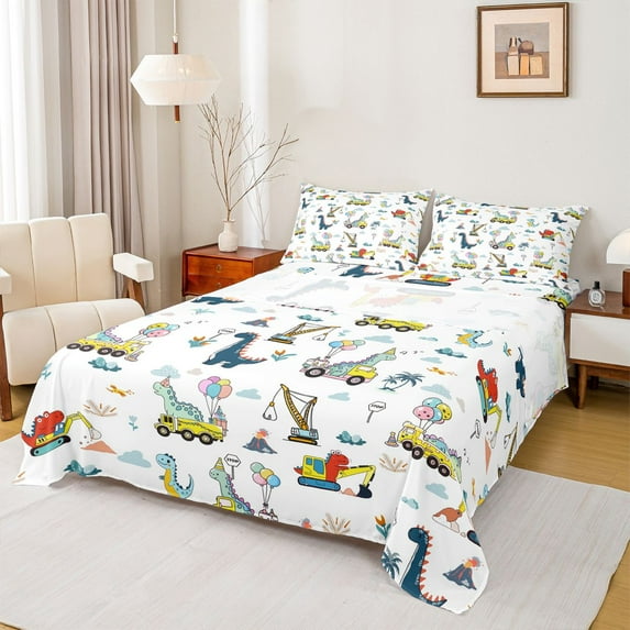 jejeloiu Colorful Dino Balloon Twin Sheet Sets,Excavator Crane Vehicle Twin Fitted Sheet,Cute Cartoon Dinosaur Flat Sheet For Boys Teens,Breathable Home Decor,3-Piece