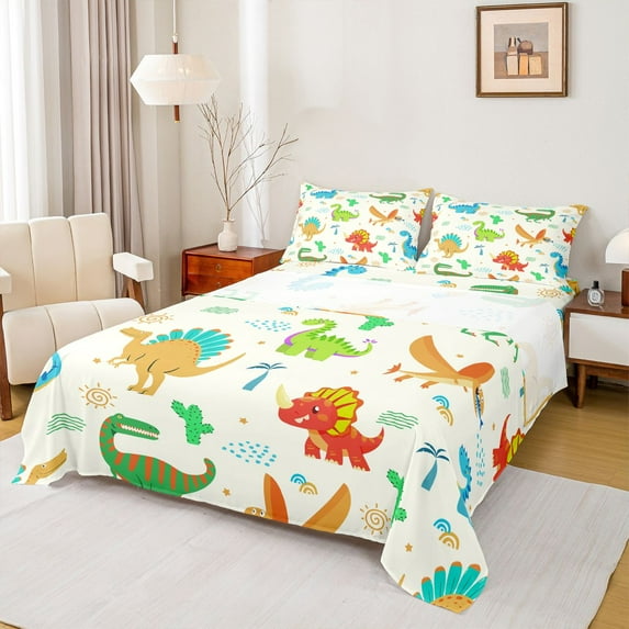 jejeloiu Colorful Dino Queen Sheet Sets,Jungle Dinosaur Flat Sheet,Wild Animals Queen Fitted Sheet For Boys Girl,Microfiber Bedroom Decor,4 Pieces